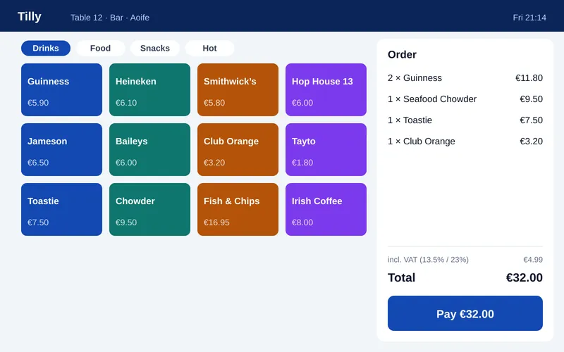 Tilly EPOS till screen showing a pub order with pints, food and a €32 total